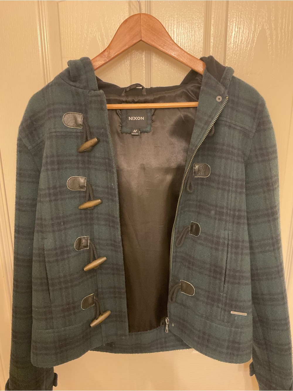Nixon Teal & Black Plaid Toggle Hooded Peacoat